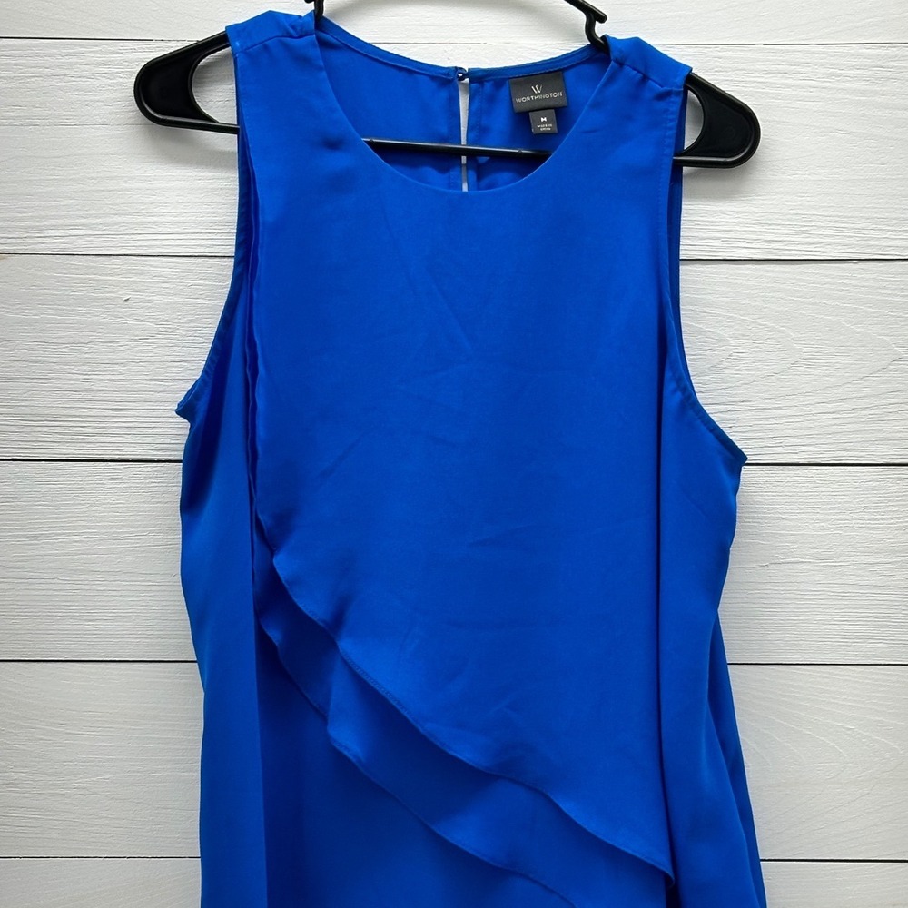 Worthington Tiered Ruffle Blouse Womens Medium Blue Sleeveless Keyhole Excellent